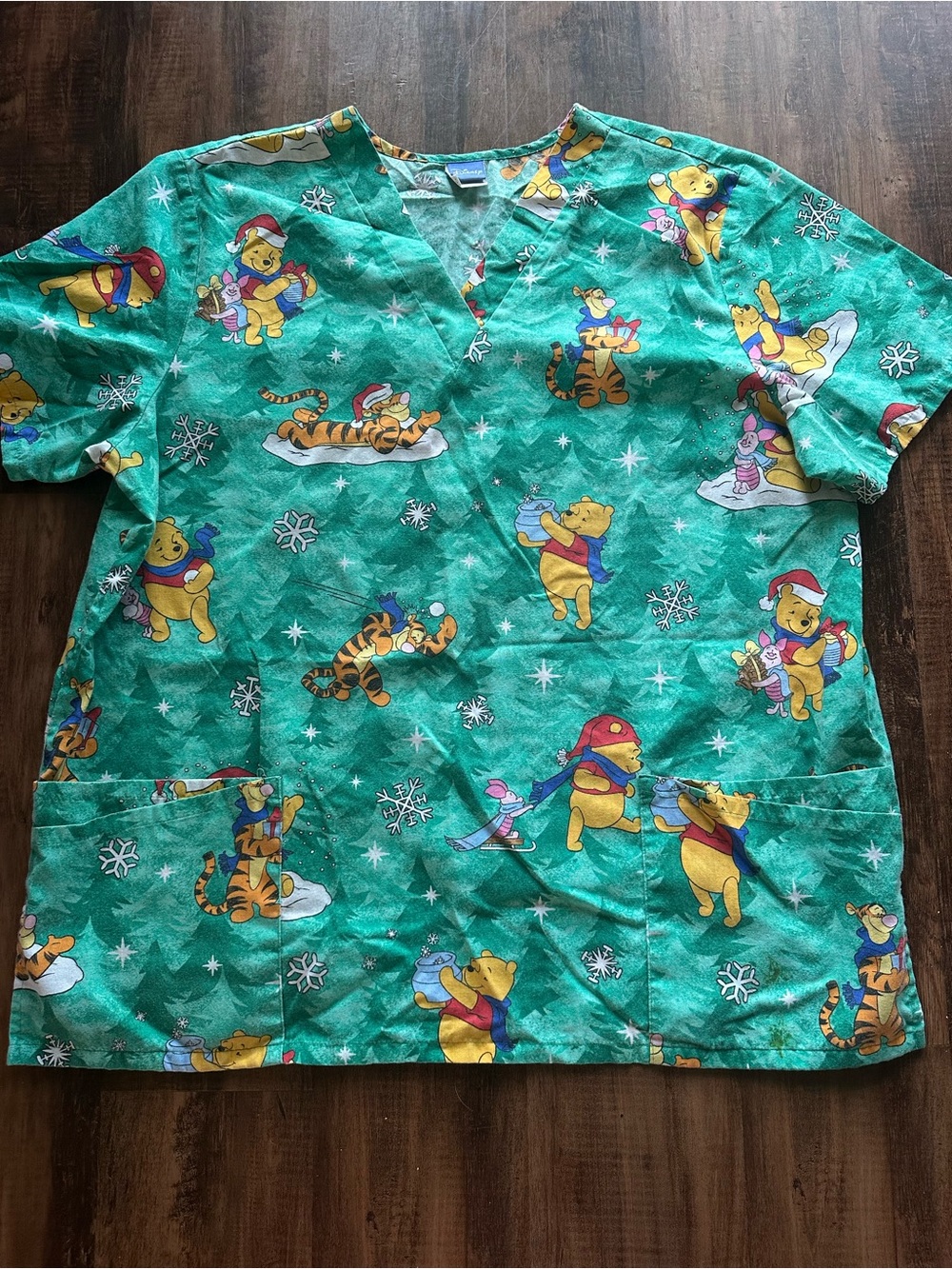 VTG Disney Green Winnie the Pooh & Friends Holiday Scrub Top